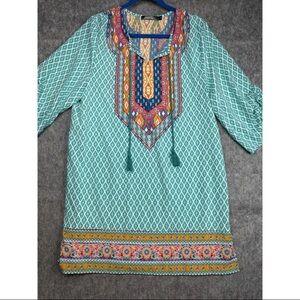 Urban Coco Tunic Dress Women's XL Teal Ethnic Print Ruched 3/4 Sleeves Bohemian